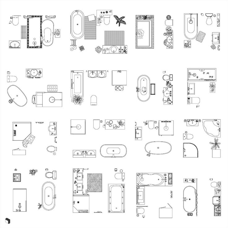 Bathroom DWG blocks: showers, bathtubs, toilets, vanities