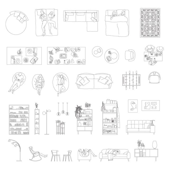 Living Room furniture DWG blocks: sofas, armchairs, TV units